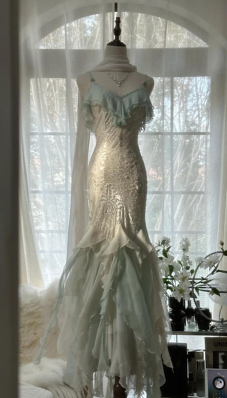 Classy Light Green Chiffon Beaded Mermaid Prom Dress,Spaghetti Straps Party Evening Dress