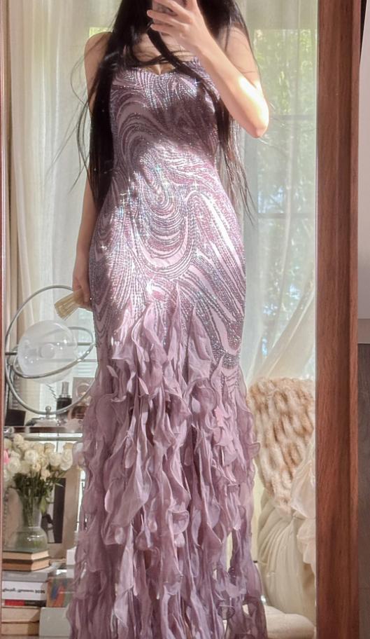 Vintage Purple Spaghetti Straps Chiffon Beaded Ruffles Mermaid Long Party Dress Birthday Prom Dress