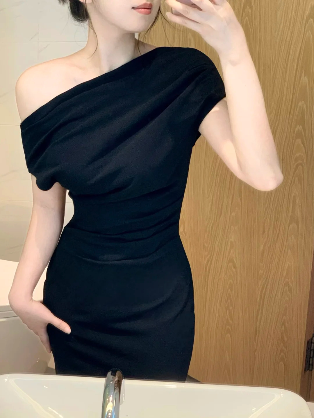 Sexy Black One Shoulder Satin Sheath Party Dress Cocktail Dress
