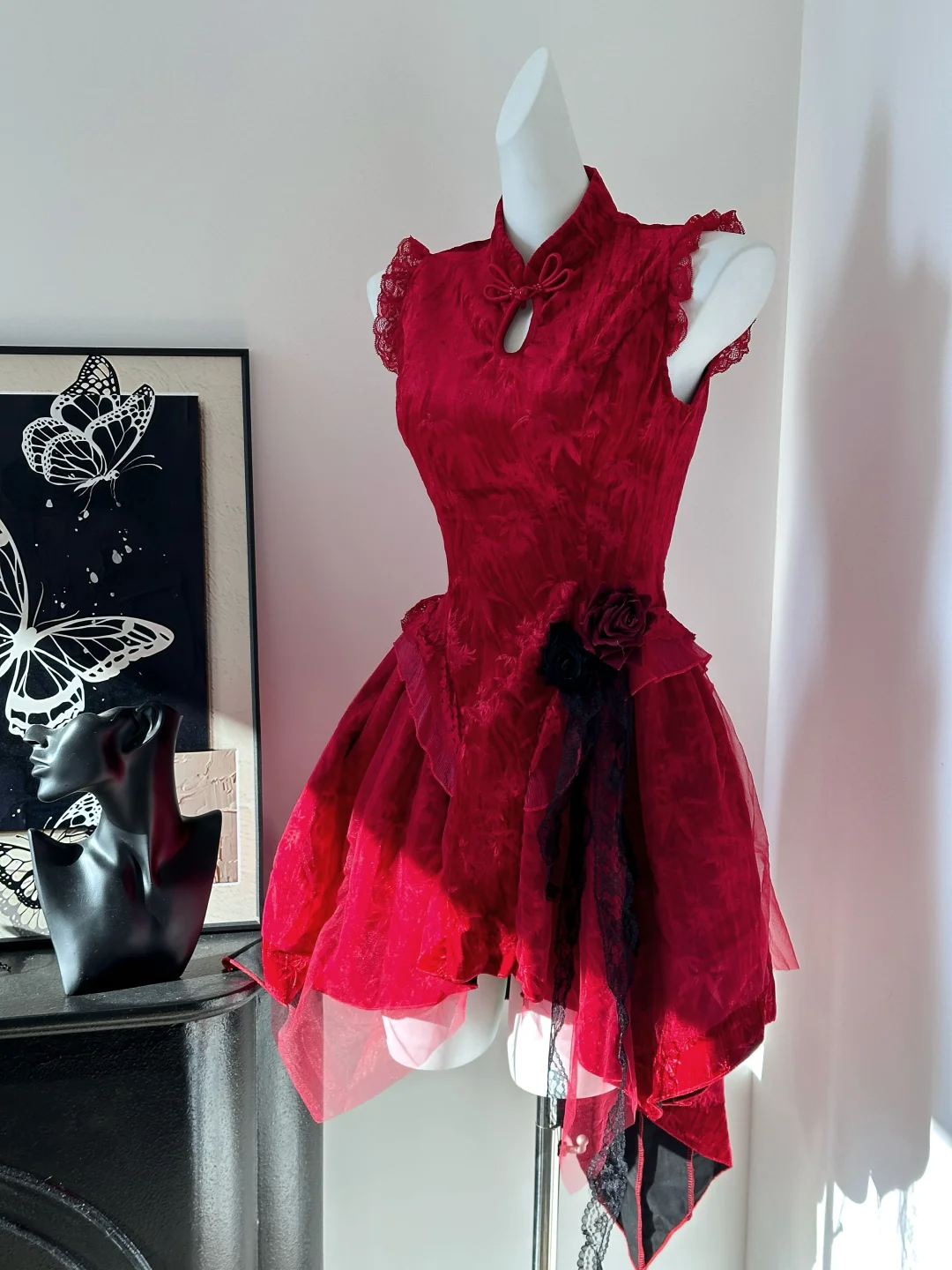 Vintage Sleeveless Red Satin Lace Short Birthday Dress Homecoming Dress