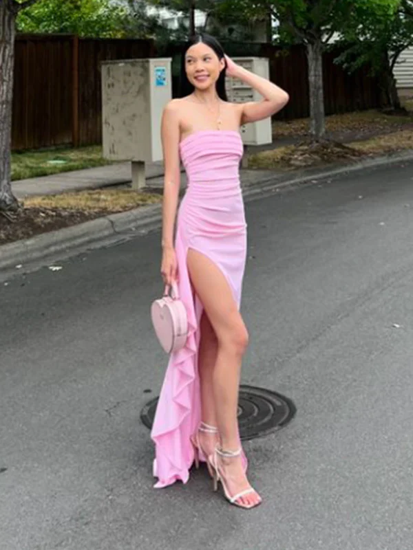 Elegant Pink Strapless Slit Evening Dress Sexy Party Prom Dress With Ruffles