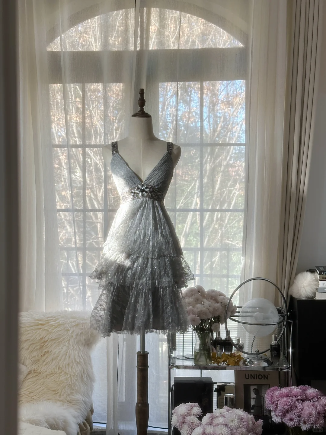 Elegant V Neck Lace Beaded Layered Mini Birthday Outfits Gray A Line Short Homecoming Dress
