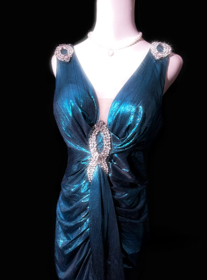 Charming V Neck Blue Satin Beaded Mermaid Evening Dress Long Party Dress