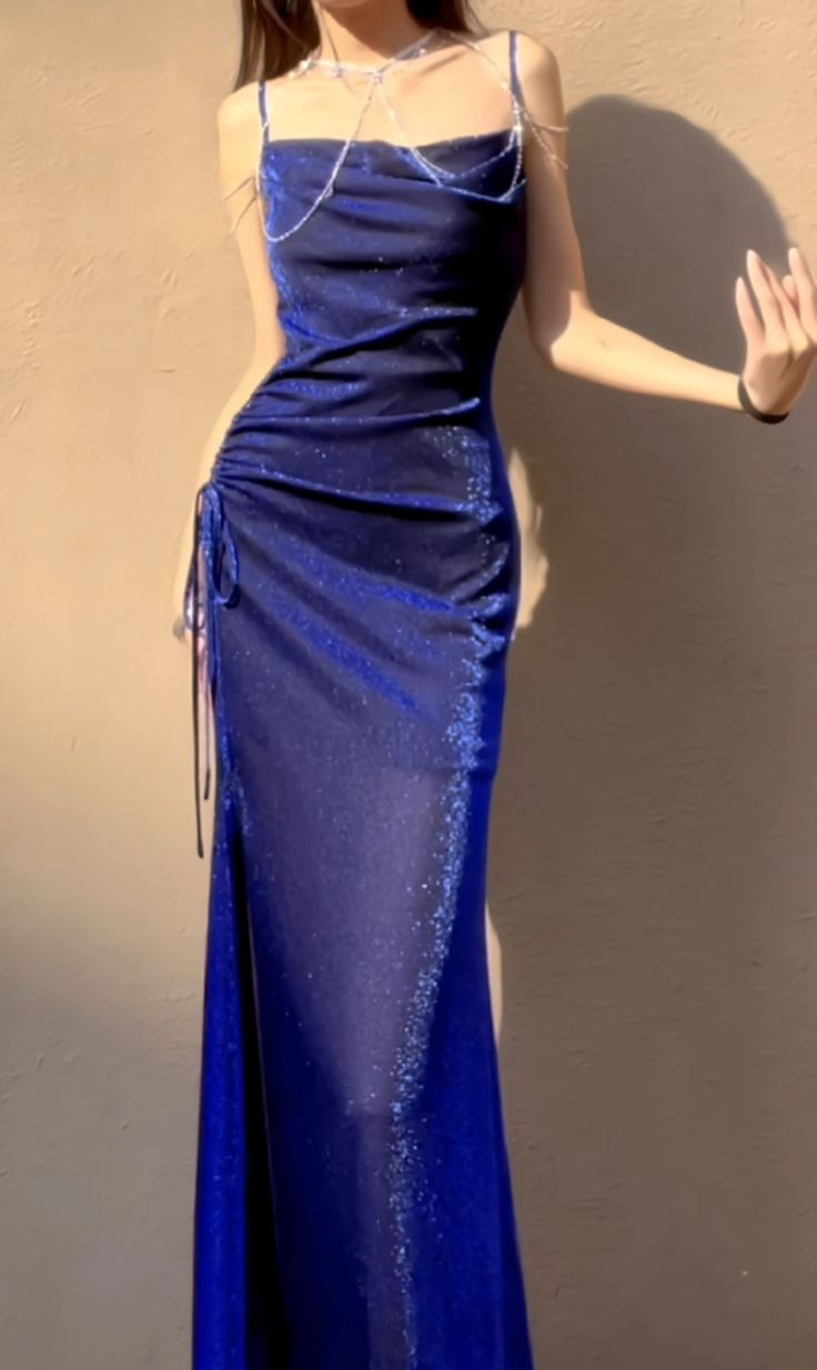 Charming Spaghetti Straps Blue Tulle Sequin Slit Mermaid Long Party Dress Evening Gown