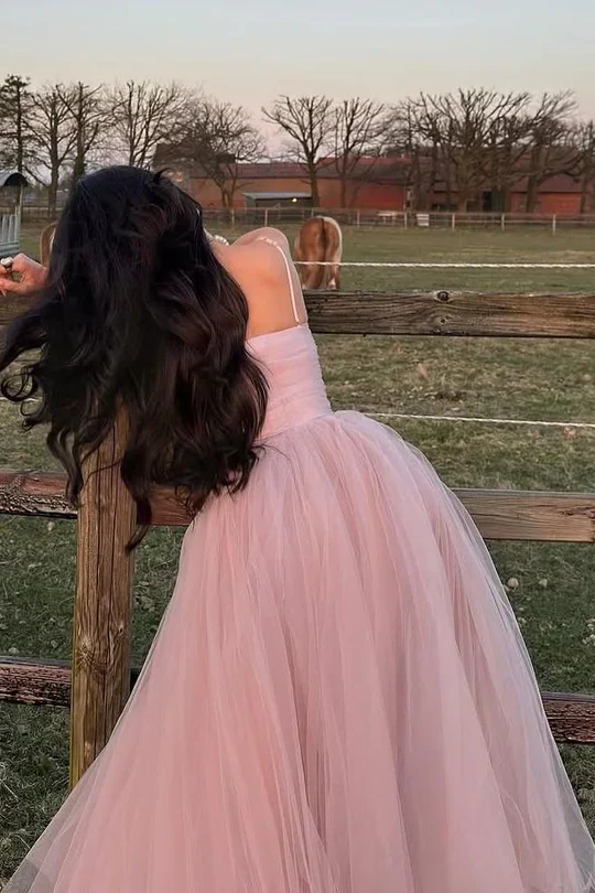 Elegant Pink Spaghetti Straps Tulle A Line Long Party Dress Wedding Guest Dress