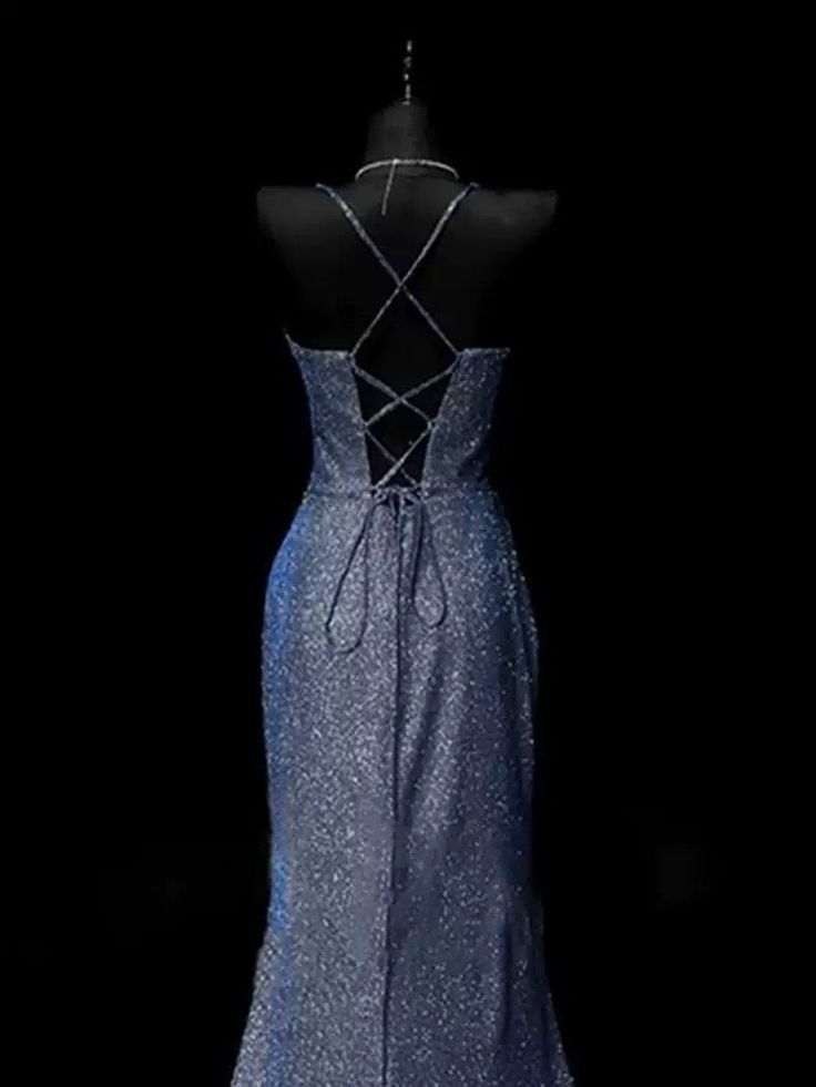 Pretty Mermaid Spaghetti Straps Navy Blue Satin Slit Party Dress