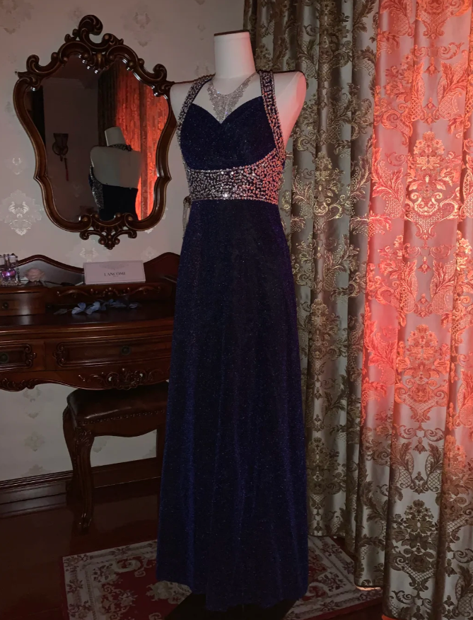 Pretty Halter Navy Blue Sequin Beaded Mermaid Long Evening Dress Birthday Party Dress