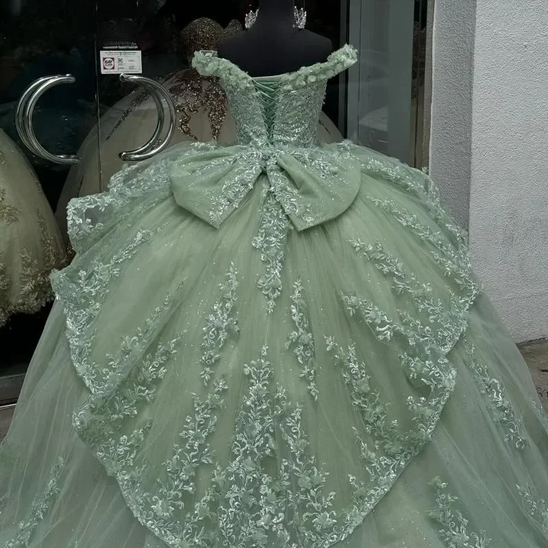 Charming Green Tulle Lace Appliques Ball Gown,off Shoulder Quinceanera Dress Party Birthday Dress