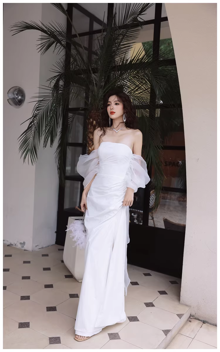 Classy Off The Shoulder White Satin Slit Mermaid Long Party Dress Birthday Evening Dress