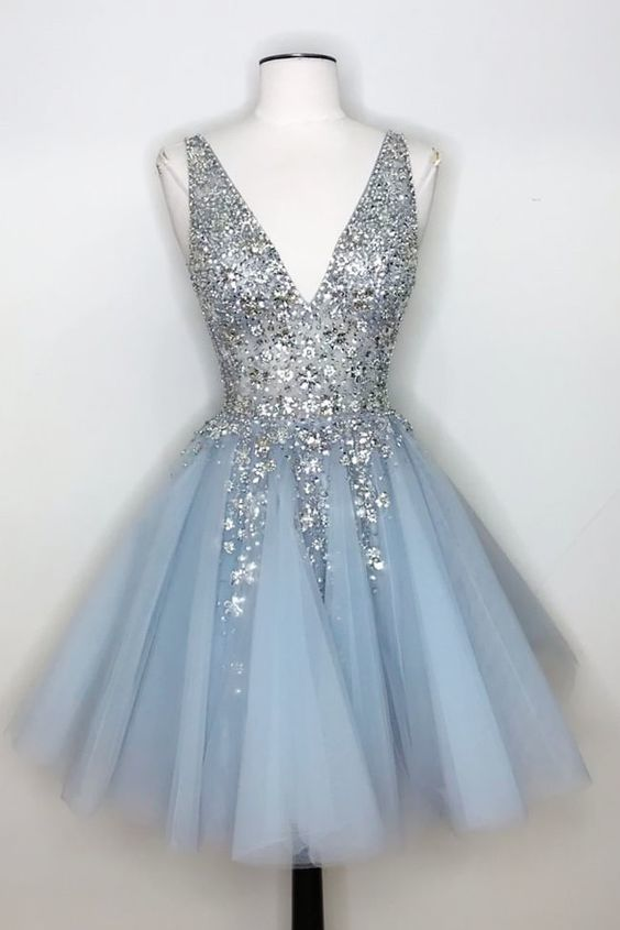 Sparkly A-Line Deep V-Neck Short Homecoming Dress