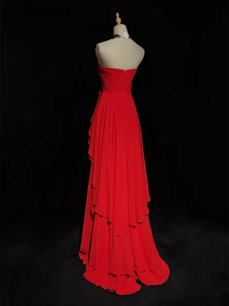 Chic Red Chiffon Appliques Layered Party Dress Elegant Prom Evening Gown