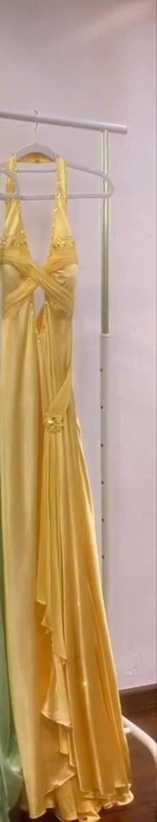 Yellow Halter Satin Beaded Mermaid Prom Dress，Slit Long Party Evening Dress