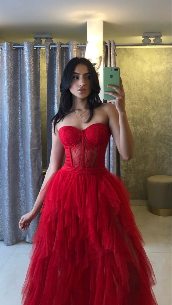 A-line Red Lace Tulle Modest Elegant Sexy Popular Long Party Evening Prom Dresses