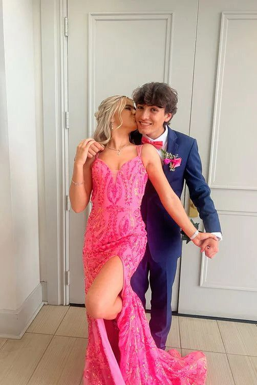 Pink Mermaid V-neck Sequined Long Prom Dress, Evening Dress With Slit