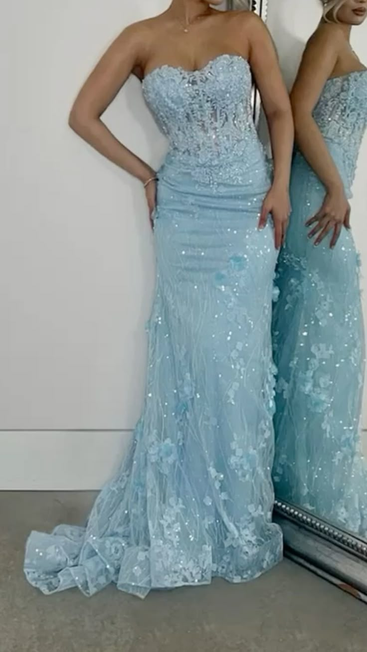 Charming Sweetheart Neck Blue Tulle Sequin Appliques Mermaid Prom Dress Party Dress