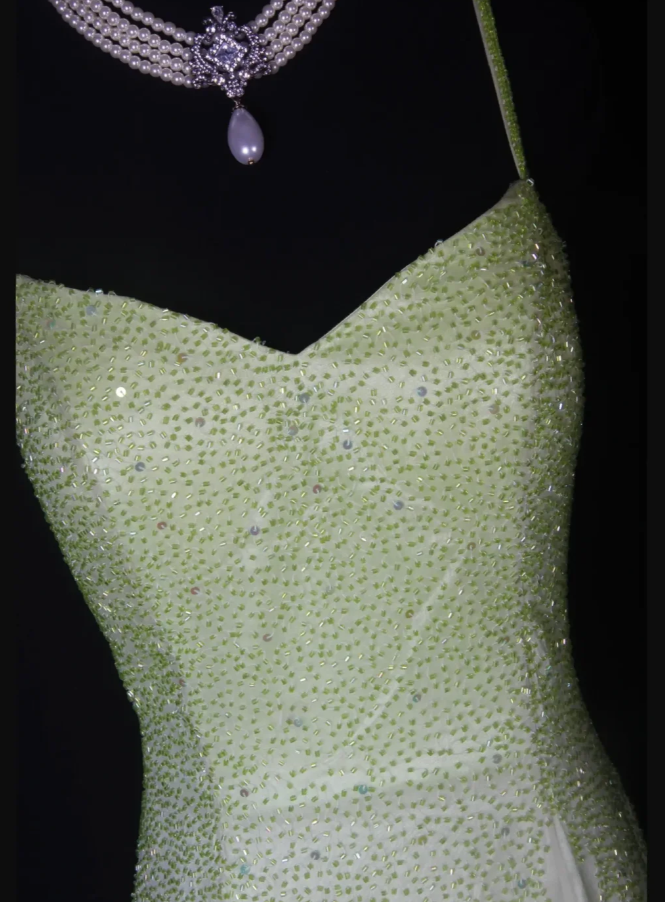 Classy Spaghetti Straps Satin Chiffon Beaded Mermaid Evening Dress Ombre Green Birthday Prom Dress