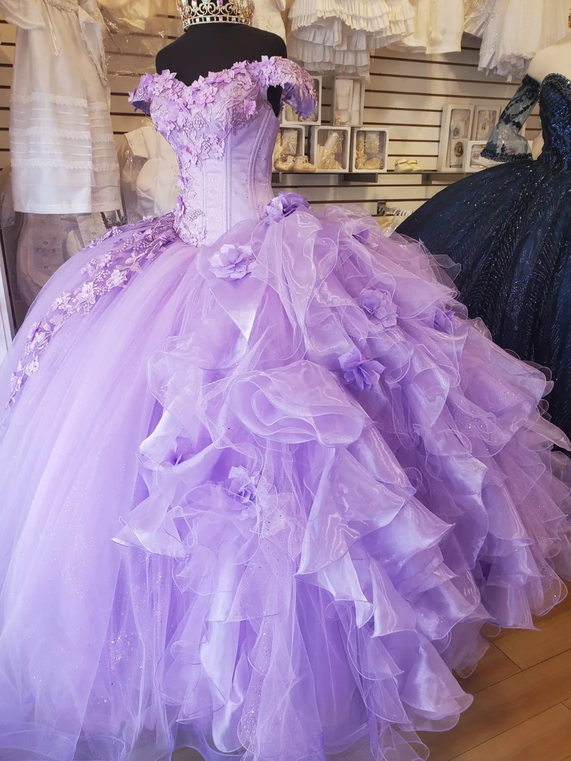 Off-The-Shoulder Lavender Tulle Quinceanera Dresses Flowers Ball Gown Sweet 15