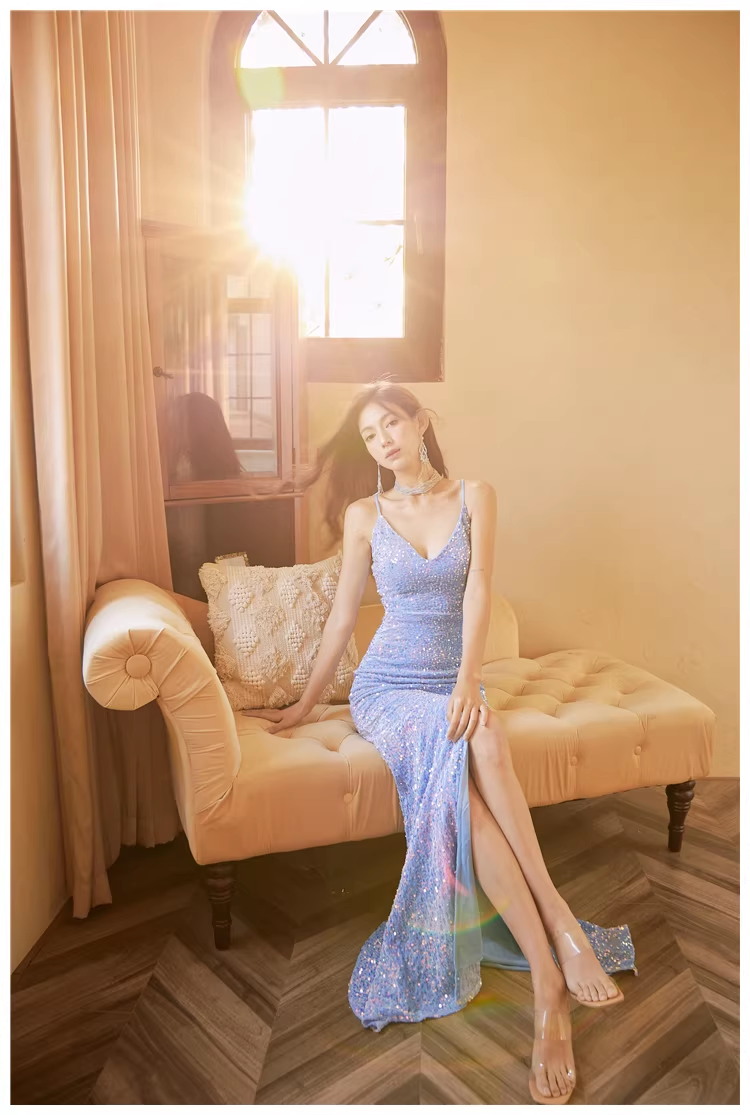 Sparkly Spaghetti Straps V Neck Blue Sequin Mermaid Slit Long Evening Dress Formal Wedding Guest Dress