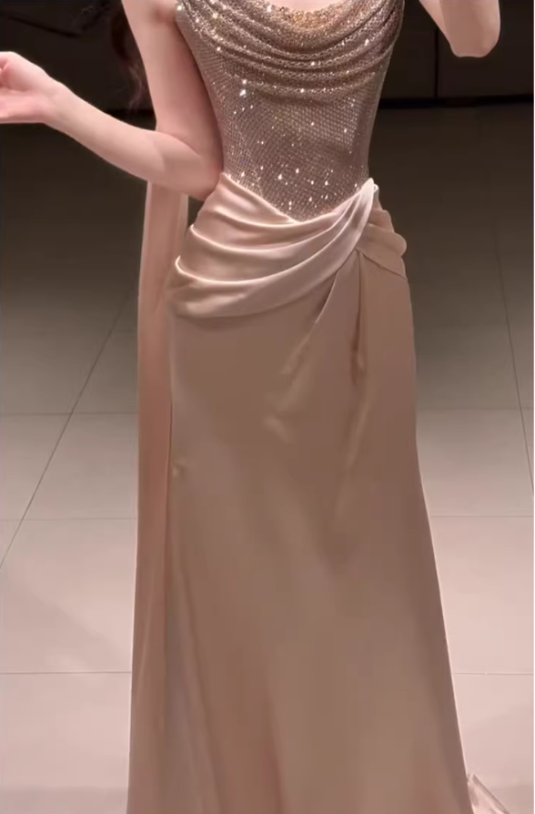 Elegant Strapless Sequin Satin Pleated Mermaid Long Party Dress Birthday Prom Dresses