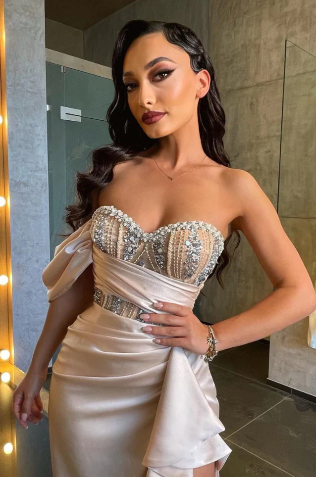 Luxury Single Short Sleeve Strapless Beaded High Slit Mermaid Prom Dress Dubai Formal Gown