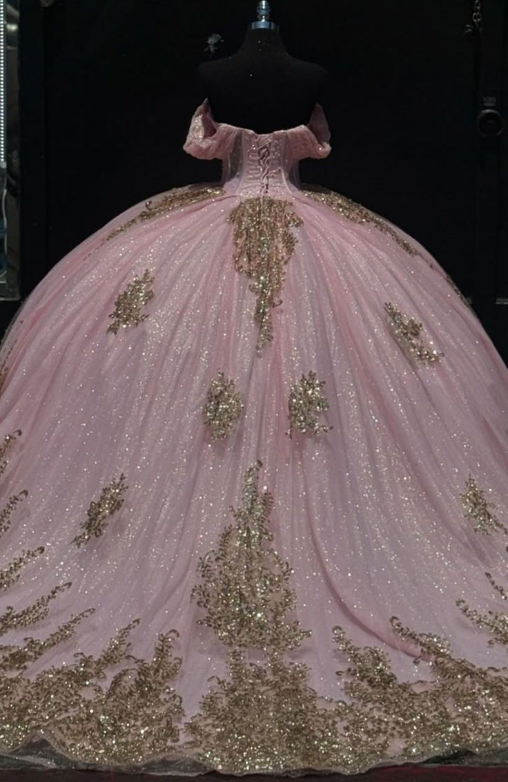 Glitter Pink Tulle Sequins Sweet 16 Ball Gown Off The Shoulder Quinceanera Dress