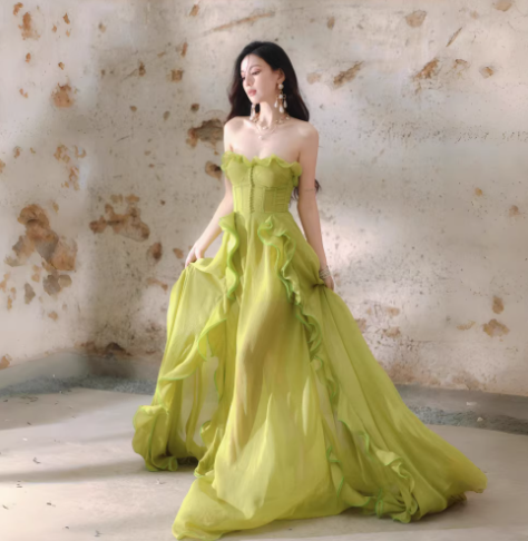 Pretty Green Strapless Chiffon Ruffled Long Evening Dress Birthday Dress