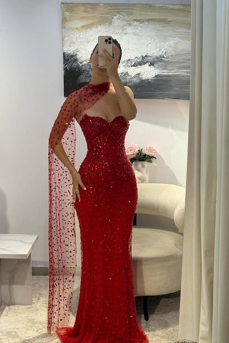 Gorgeous Red Strapless Tulle Beaded Mermaid Evening Dress Long Party Gown