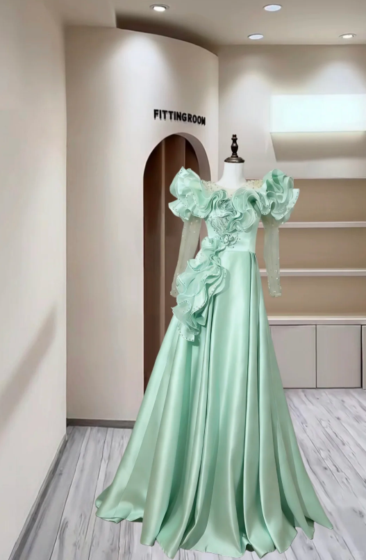 Pretty Light Green Beaded Satin Pleated Long Party Dress Formal Birthday Outfits