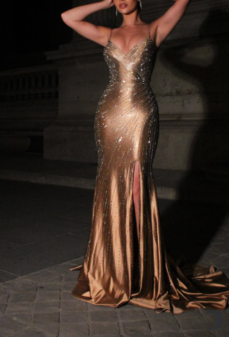 Elegant Spaghetti Straps Brown Satin Beaded Slit Mermaid Evening Dress Long Birthday Party Dress