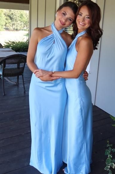 Classy Halter Champagne Backless Sheath Tea Length Bridesmaid Dress Formal Wedding Guest Dress