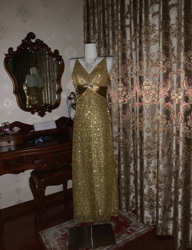 Glitter V Neck Sequin Beaded Gold Mermaid Party Dress Long Evening Dress