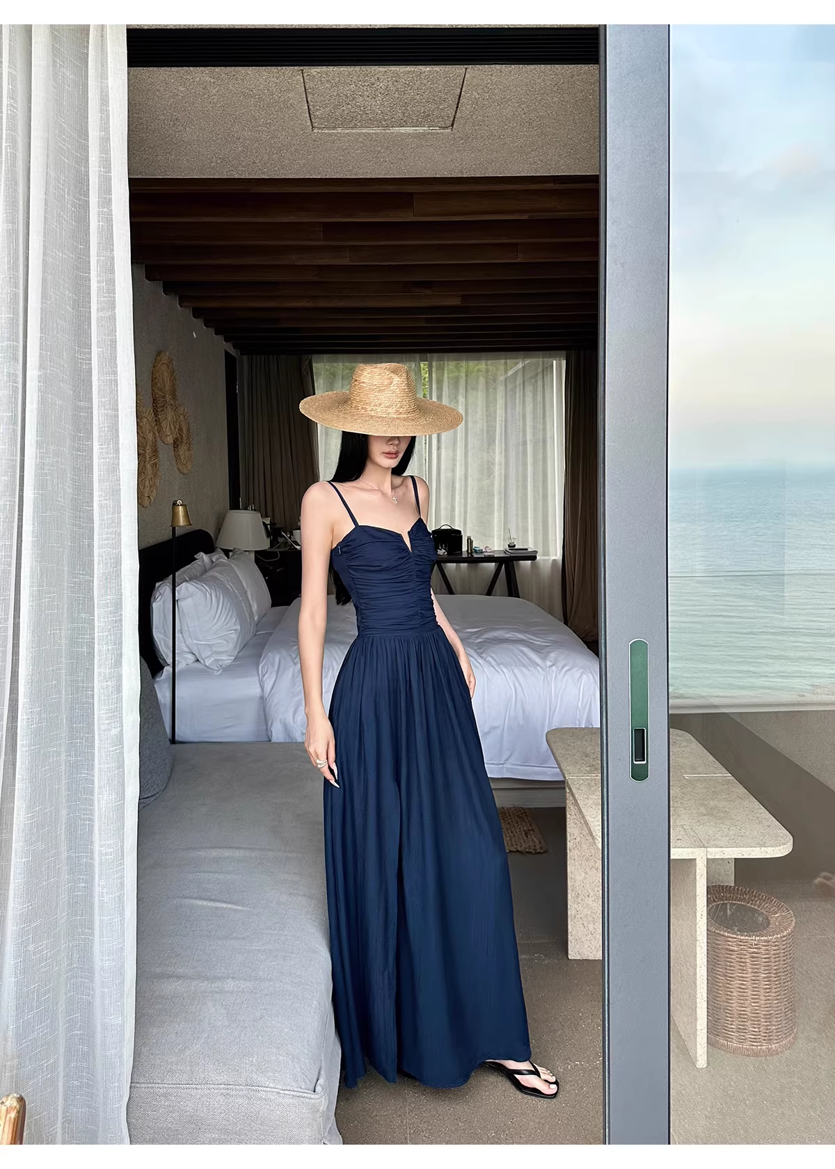 Elegant Spaghetti Straps Satin A Line Slit Evening Dress Navy Blue Long Birthday Party Dress With Pockets