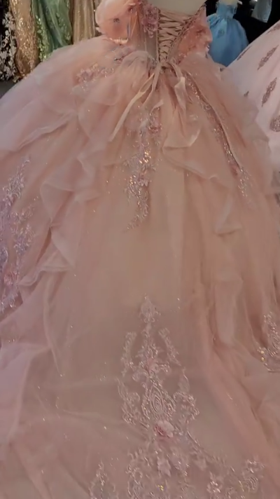 Charming Pink Off The Shoulder Tulle Sequin Appliques Princess Quinceanera Dress Sweet 17 Dress