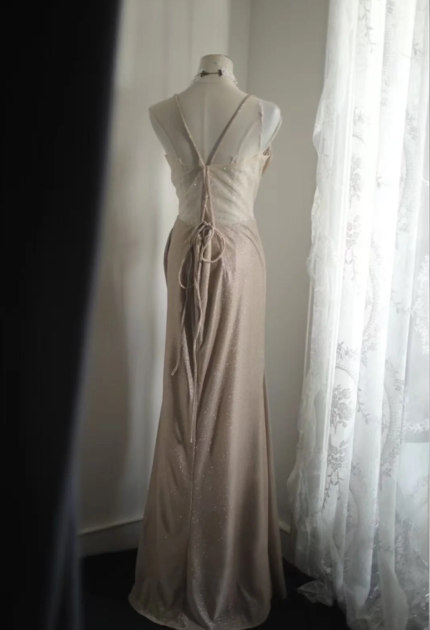 Glitter Spaghetti Straps Satin Beaded Mermaid Slit Evening Dress Long Prom Dress