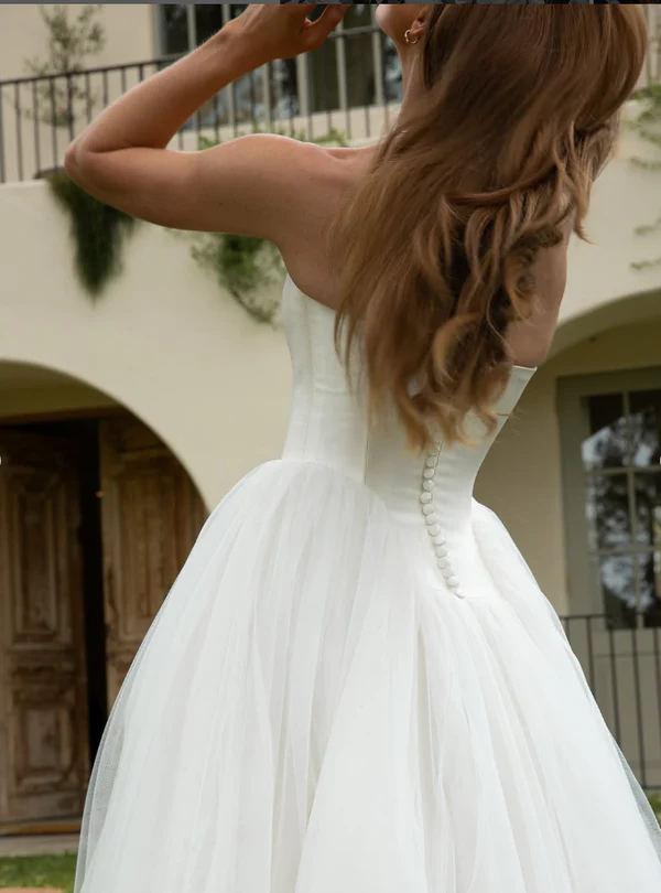 Charming Strapless Satin Tulle A Line Wedding Dress,White Prom Evening Dress