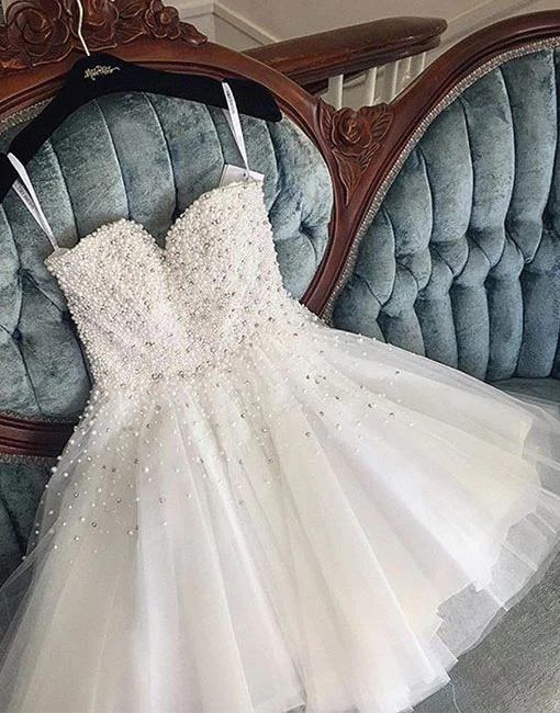 Cute white pearls tulle short prom dress, homecoming dress