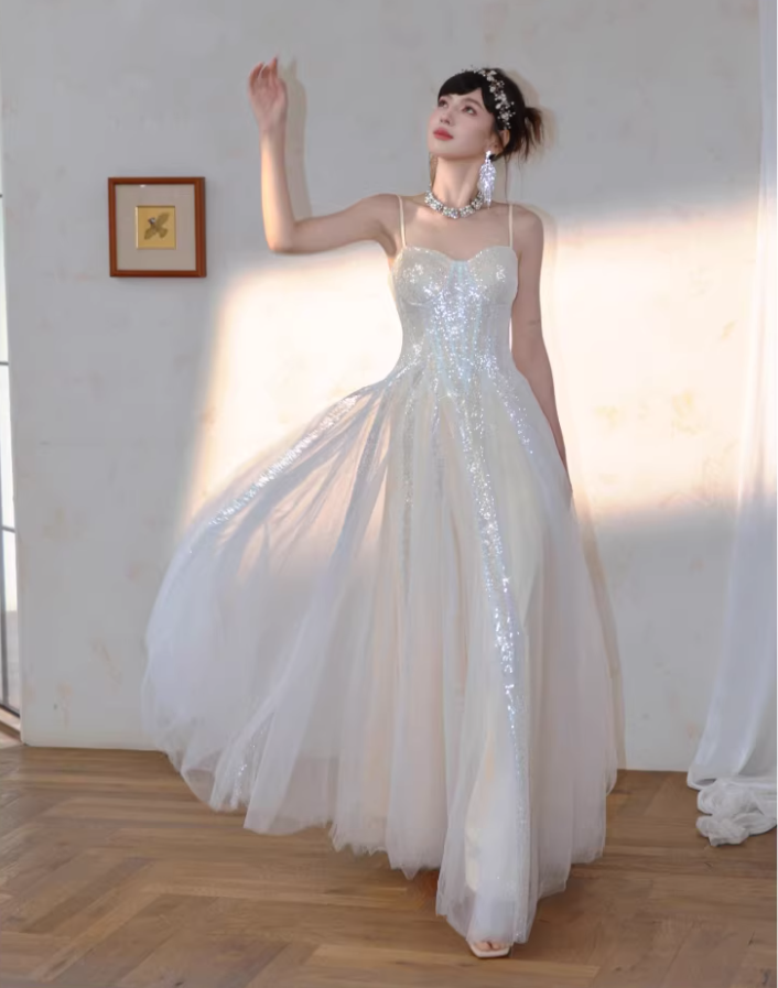 Classy Light Apricot Spaghetti Straps Tulle Sequin A Line Long Party Dress Evening Dress