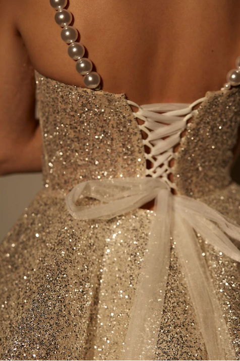 Glitter Champagne Sequin A Line Homecoming Dress Cocktail Dress Spaghetti Straps Short Birthday Dress