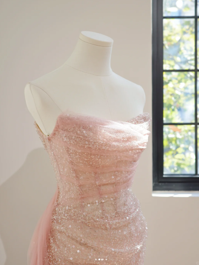 Glitter Pink Strapless Sequin Pleated Mermaid Long Wedding Guest Dress Formal Birthday Evening Dress