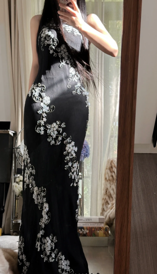 Classy One Shoulder Black Chiffon Beaded Mermaid Long Party Dress Evening Gown