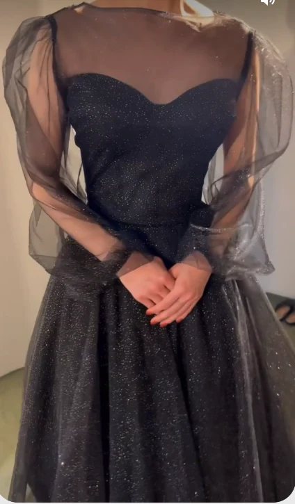 Black Shiny Prom Dress Tulle Sleeves Evening Dress