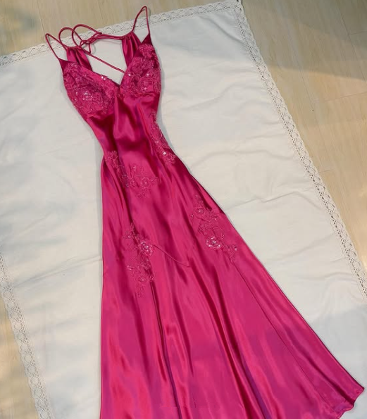 Charming Hot Pink Satin Beaded Prom Dress Evening Gown