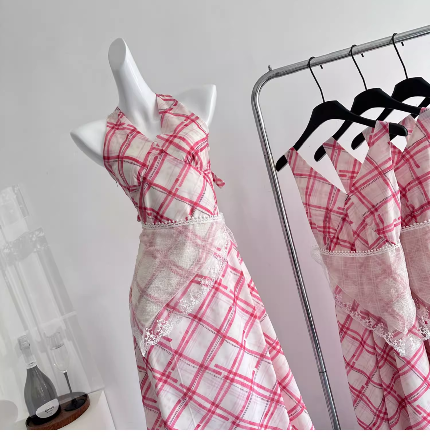 Red White Grid French A Line Vacation Dress Birthday Dress
