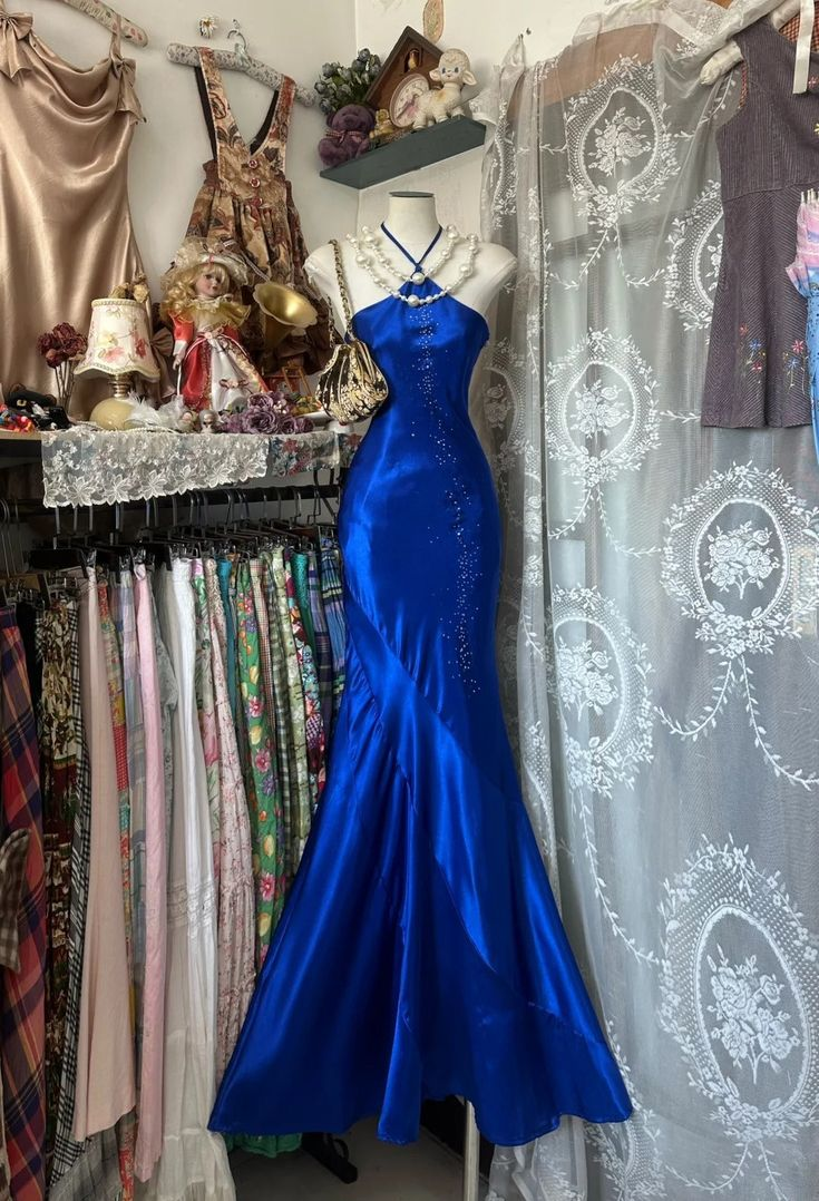 Sexy Royal Blue Satin Beaded Mermaid Long Wedding Guest Dress Formal Evening Dress Party Gown
