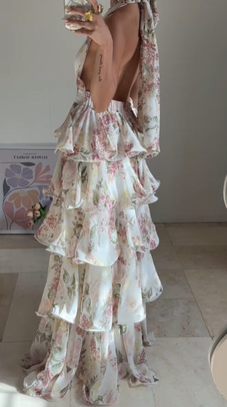 Gorgeous Halter Chiffon Print Floral Layered Evening Dress,Back A Line Prom Party Dress