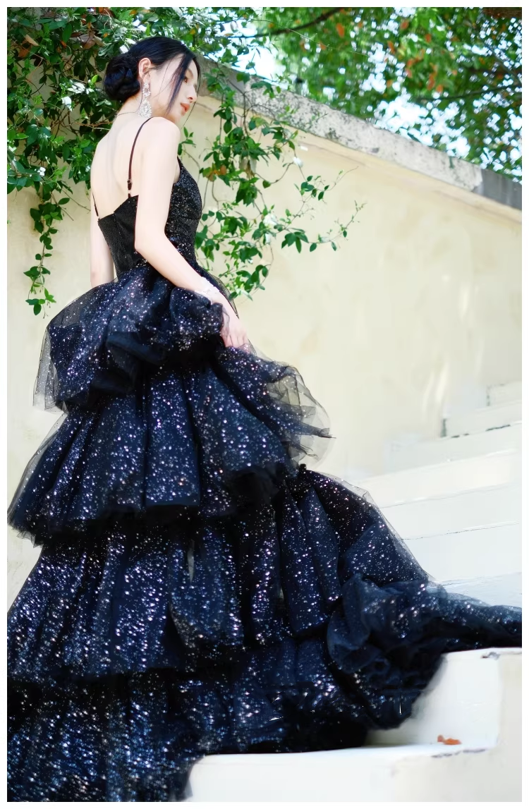 Sparky Black Spaghetti Straps Tulle Sequin Layered Long Birthday Evening Dress Party Dress