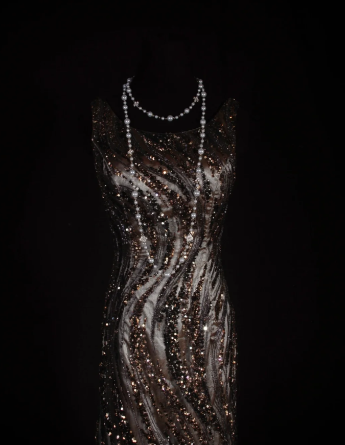 Retro Dark Brown Sleeveless Satin Sequin Beaded Long Evening Dress Birthday Dress