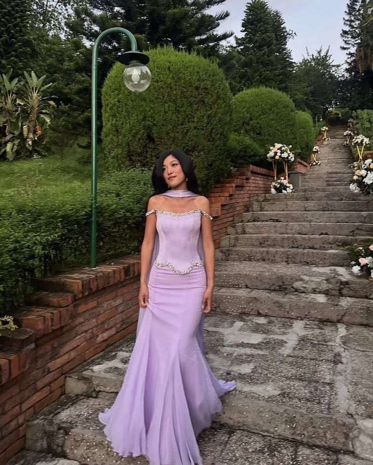 Classy Purple Satin Chiffon Beaded Mermaid Long Party Dress Formal Evening Dress With Ribbon