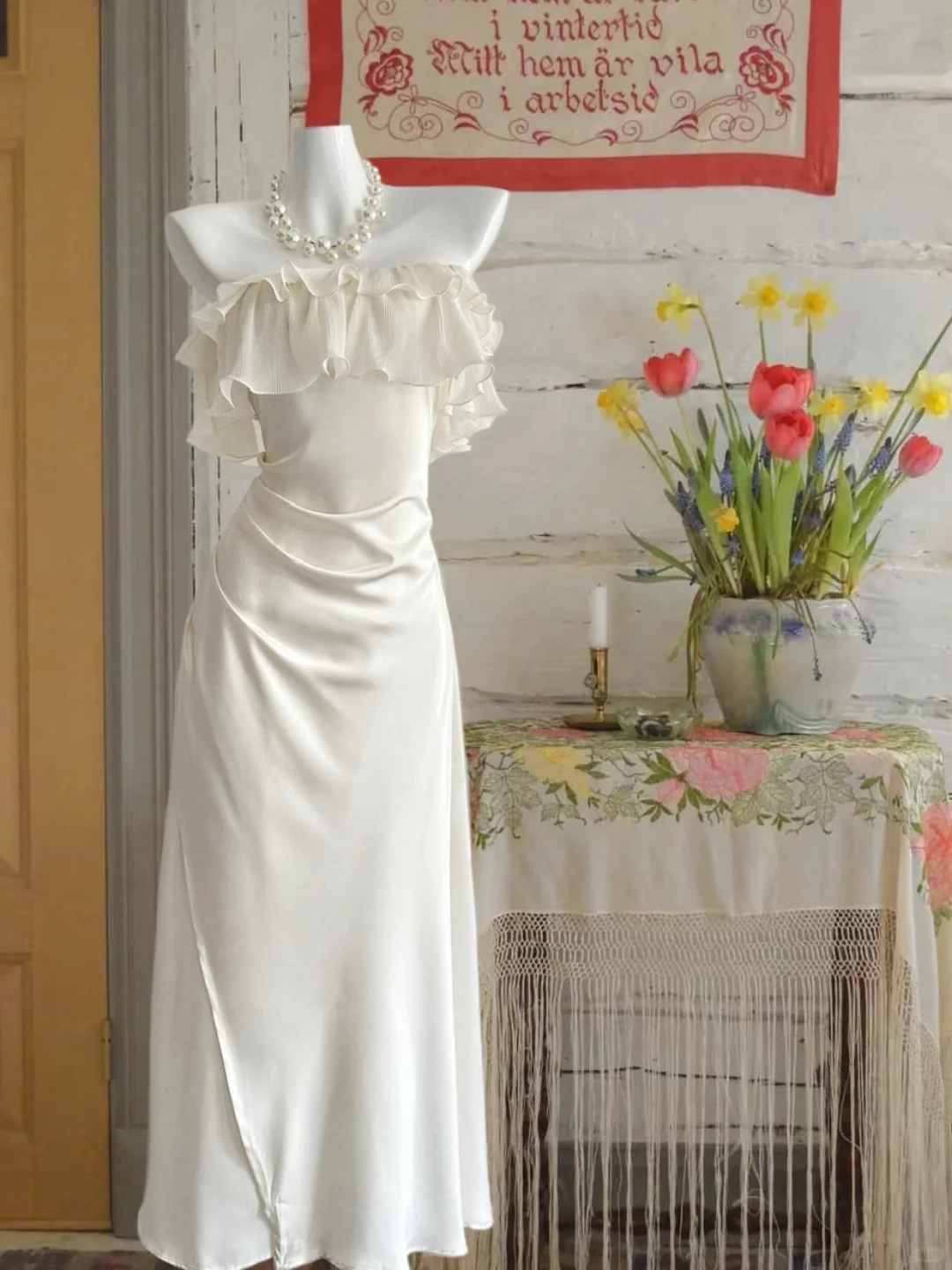 Classy Strapless White Satin Chiffon Long Prom Dress Birthday Party Dress