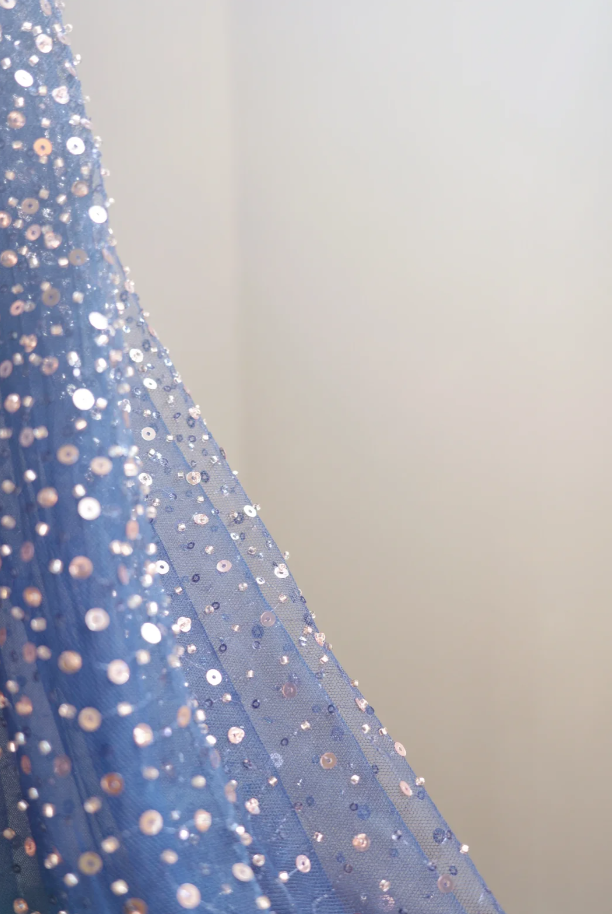 Glitter Navy Blue V Neck Tulle Sequin Beaded A Line Birthday Party Dress Long Evening Dress